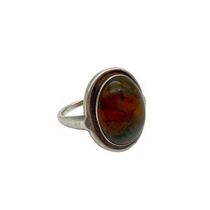 Vintage Amber Sterling Modernist Ring Moss Organic Matter Inclusions Size 7.75